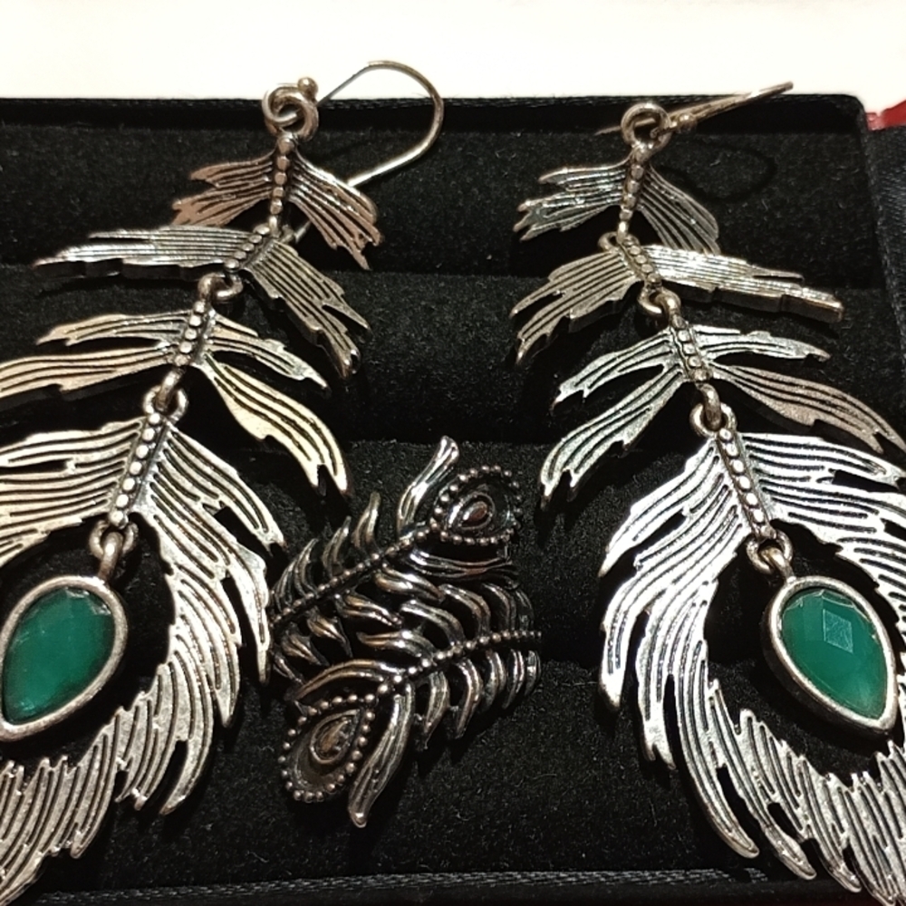 Vintage Sterling Silver Peacock Feather Ring and Peacock Feather Earrings